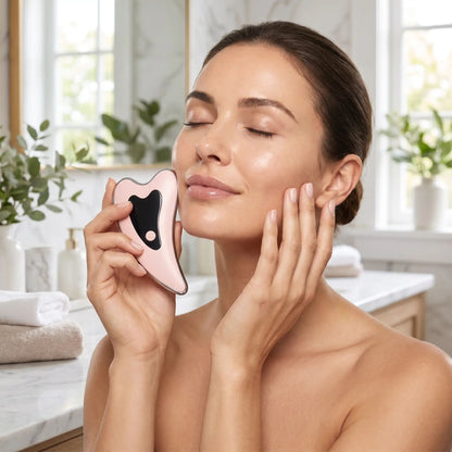 gua sha electrique rose visage femme peau lumineuse