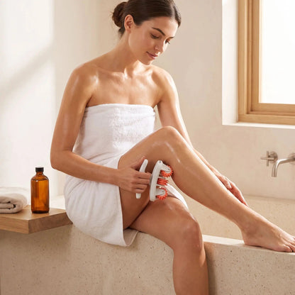 rouleau de massage orange femme drainage jambes