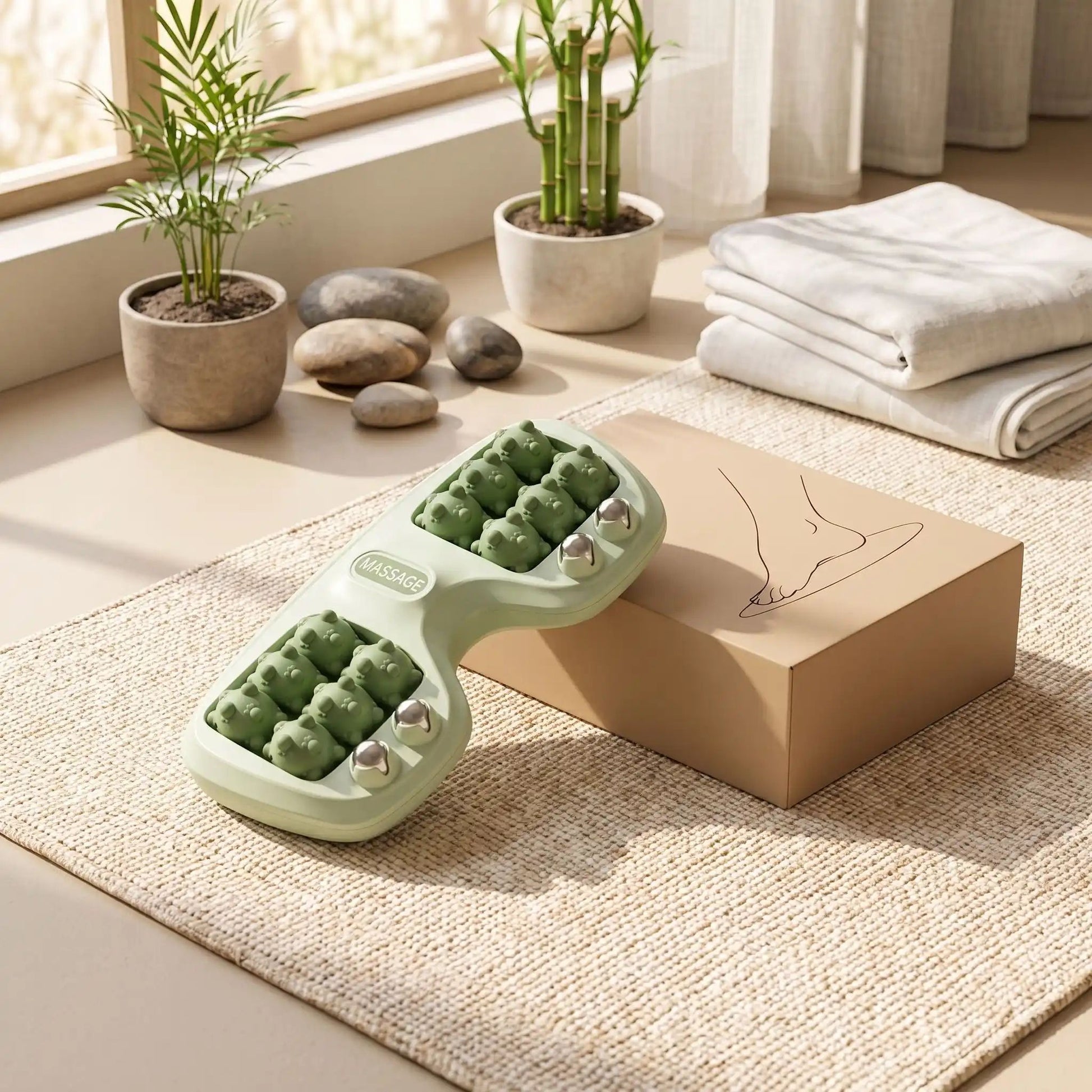 rouleau de massage vert pieds detente plantaire soulagement